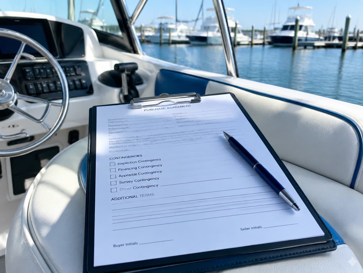 A purchase agreement with a contingency checklist on a clipboard at the helm