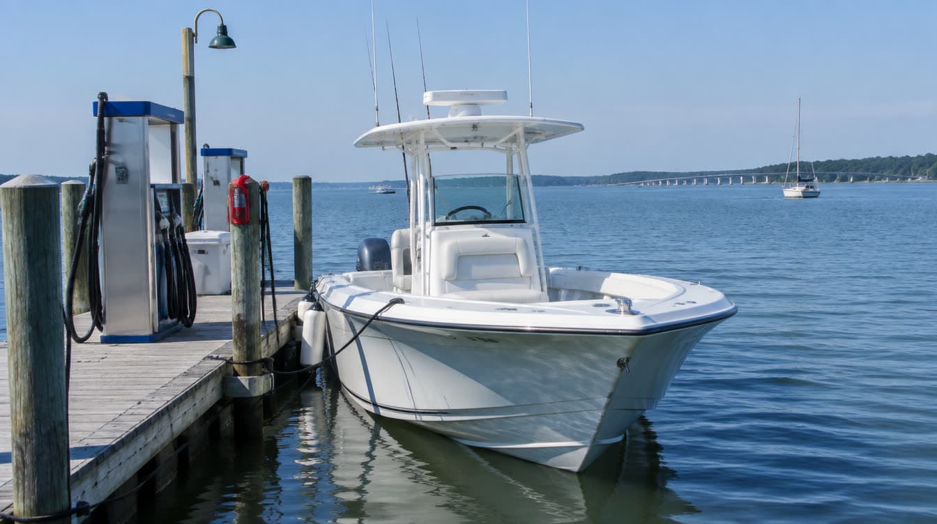 A center-console boat at a marina fuel dock on the Chesapeake