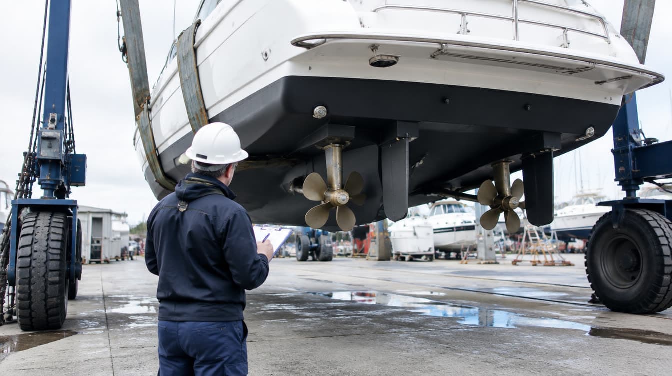 A marine surveyor inspecting the hull of a motor yacht in a travel lift