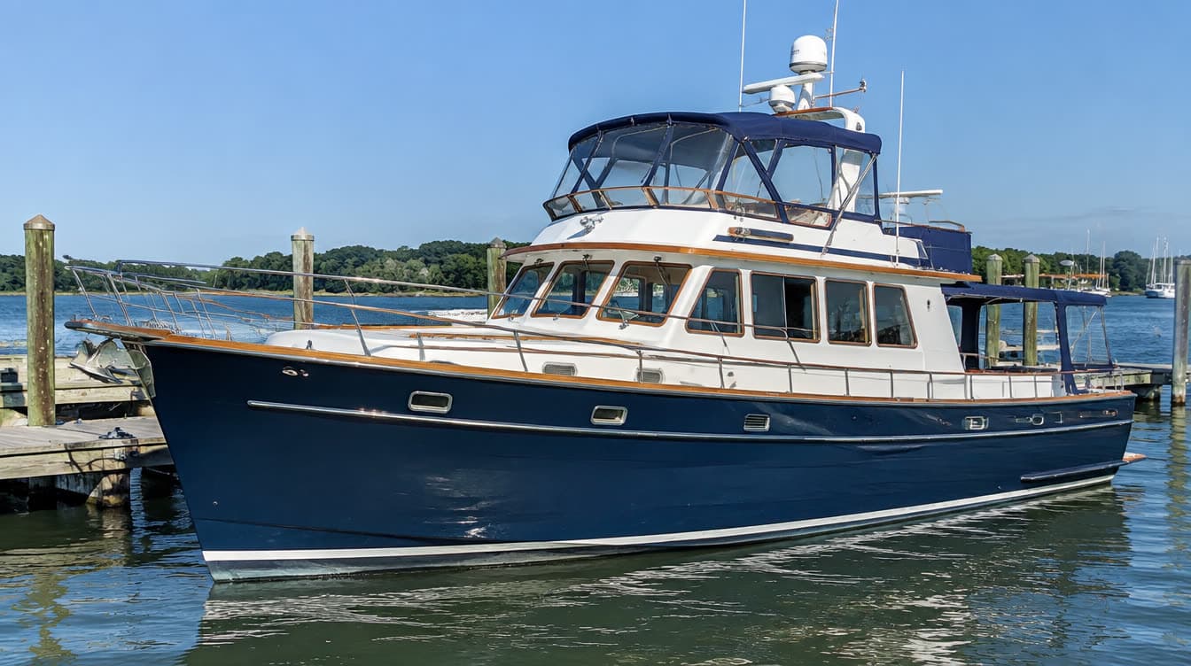 A well-kept pre-owned trawler yacht at a Chesapeake Bay marina