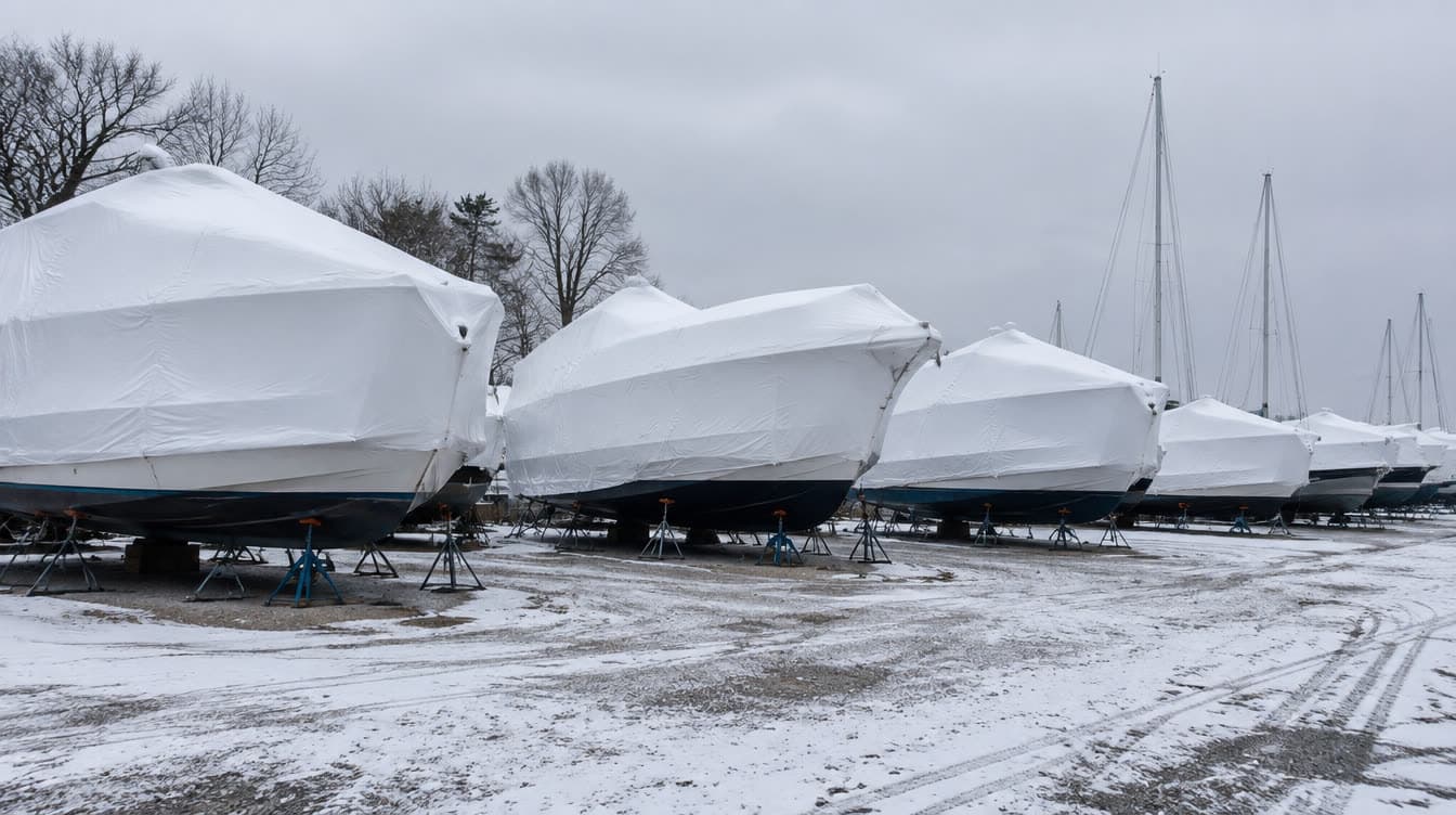 Shrink-wrapped boats on stands at a Chesapeake Bay boatyard in winter